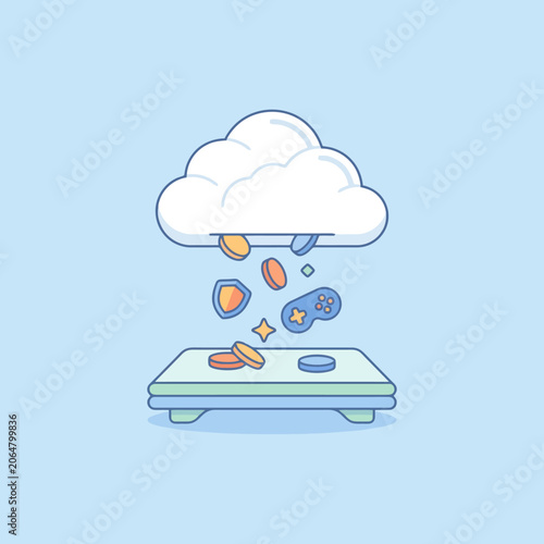 A digital cloud raining gaming items onto a flat surface platform
