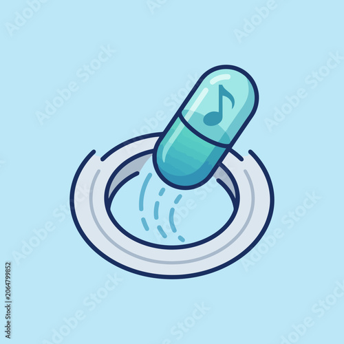 A blue medical capsule with a musical note icon inside it