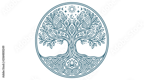 Canvas Print Mystical Tree of Life Circle Emblem with Sun, Moon, Stars, and Lotus