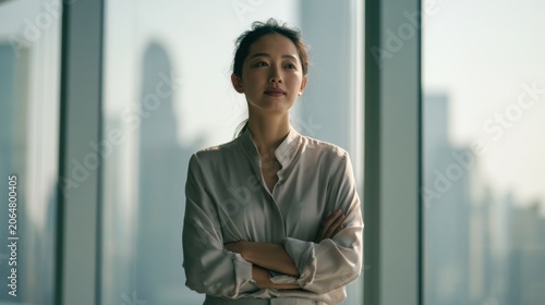 Ambitious Woman in Skyscraper Office: A confident businesswoman stands with arms crossed before a panoramic window overlooking a modern cityscape, embodying ambition and success.