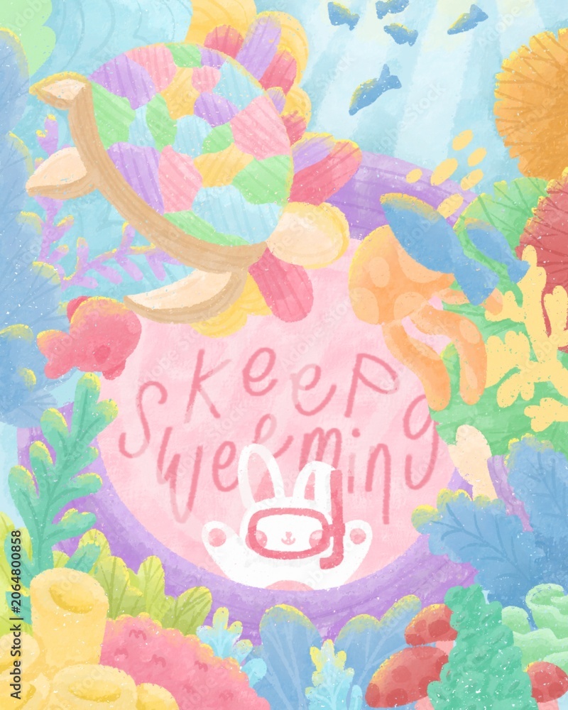 Naklejka premium Cute Bunny Diver Swimming Among Colorful Coral Reef with Keep Swimming Quote Illustration