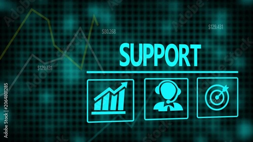 Support business concept on a flashing computer monitor with moving graphs and data.