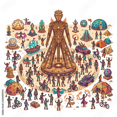 A vibrant and diverse crowd gathers around a towering effigy, celebrating a unique communal festival with art, music, and self-expression