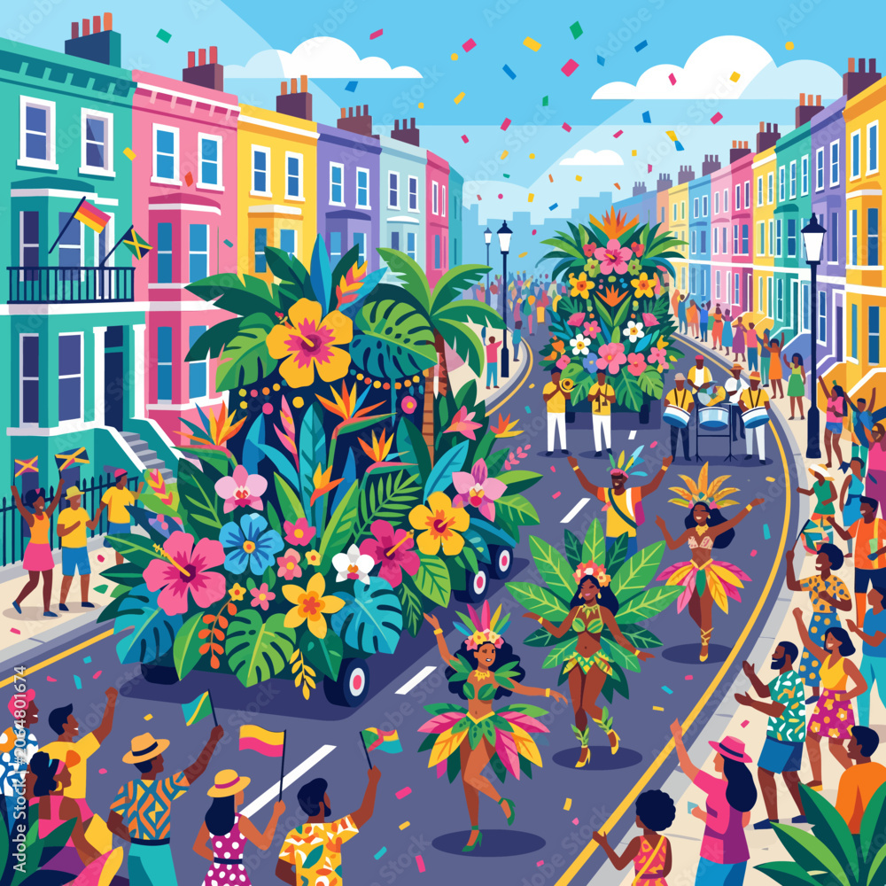 Obraz premium Vibrant street parade with people in colorful costumes celebrating and dancing amidst tropical flowers and confetti