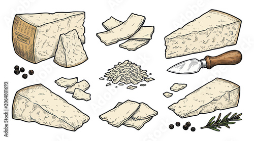 Parmesan Cheese Assortment: Blocks, Shavings, Grated and Slices with Peppercorns and Rosemary