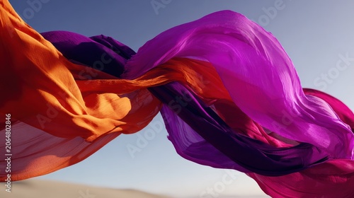 Vibrant flowing fabric billows dramatically against a clear bright sky above desert terrain