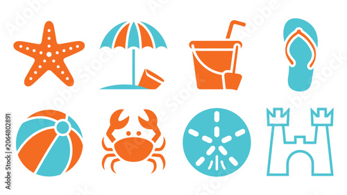 Canvas Print Colorful summer beach and ocean themed icon set featuring starfish, umbrella, sa