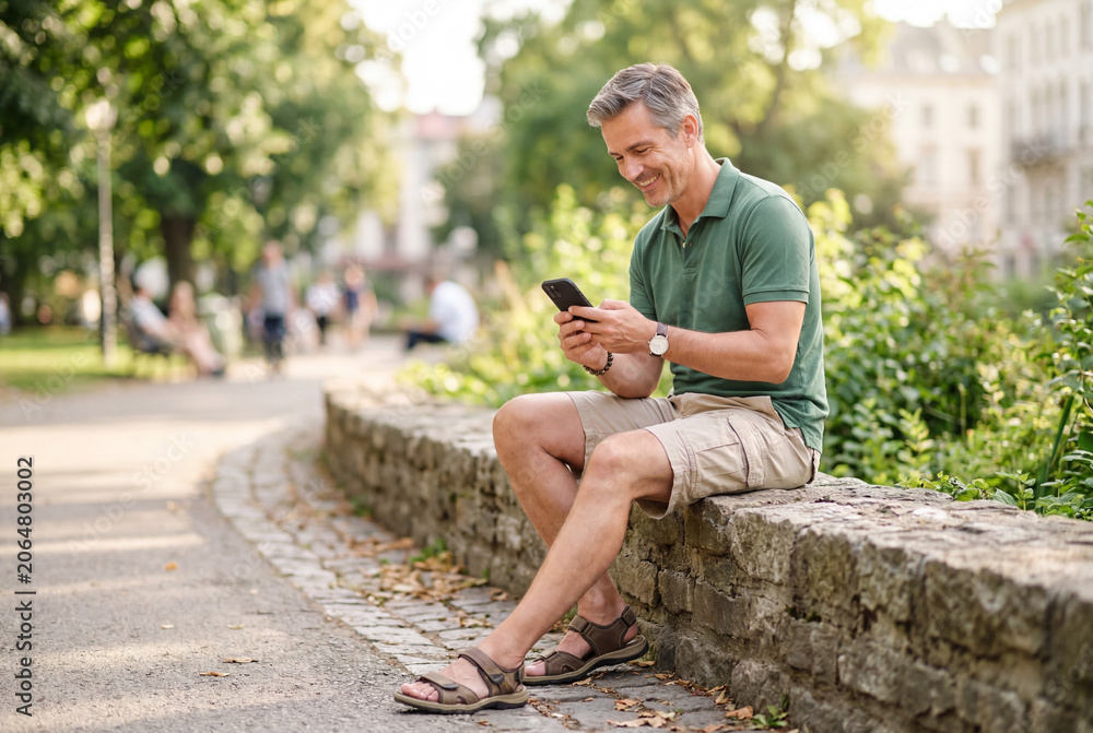 Obraz premium Middle aged man smiling while using phone outdoors in park