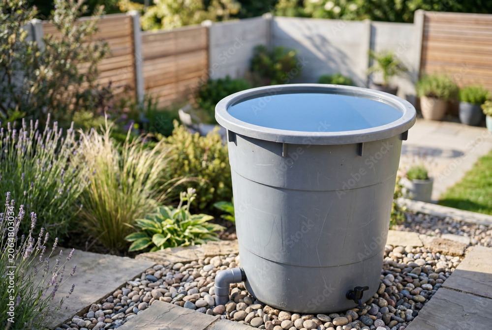 Naklejka premium Grey plastic rainwater butt in a lush green garden setting