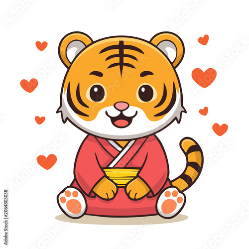 Cute cartoon tiger in kimono with hearts