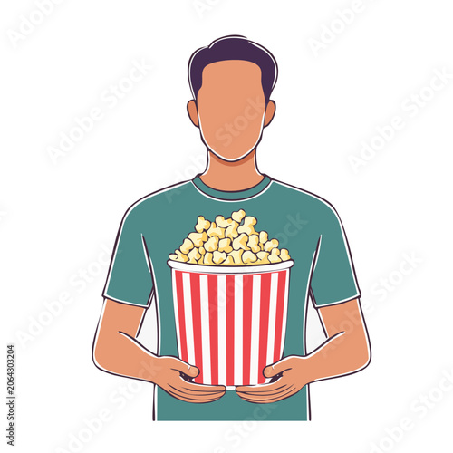 Man holding popcorn bucket in flat design style