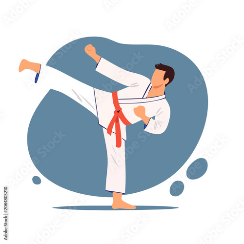 Man performing high karate kick in flat design