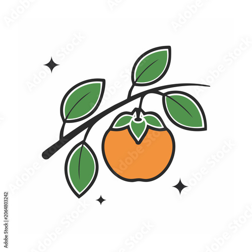 Persimmon fruit on branch with green leaves illustration