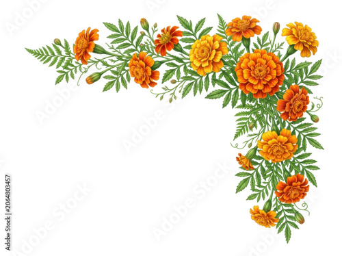 Vibrant orange marigold flowers and green leaves arranged in a festive corner border on white background