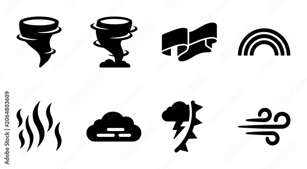 Naklejka premium Weather Icons Set: Tornado, Storm, Rainbow, Wind, Fire, Cloud, Lightning, Banner Graphics