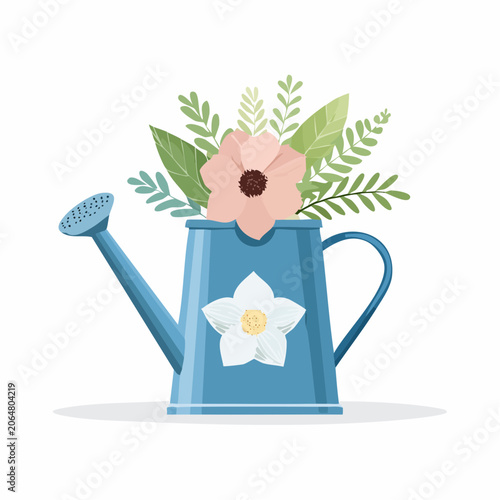 Blue Watering Can with Flowers and Leaves
