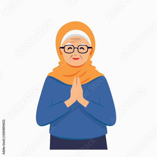 Elderly Muslim Woman Wearing Hijab and Glasses, Praying