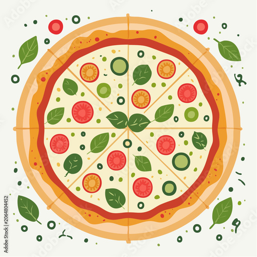 Flat Illustration of a Delicious Pizza with Fresh Toppings