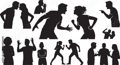 Tableau sur toile People in conflict and relationship argument solid black silhouettes icons set i