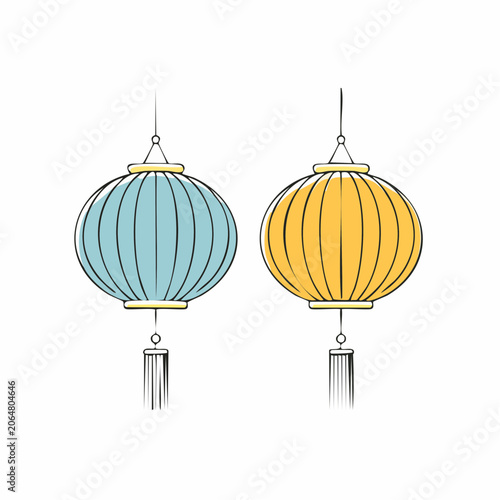 Two hanging paper lanterns, blue and yellow