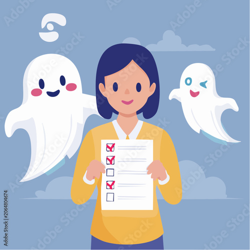 Woman Holding Checklist with Playful Ghosts