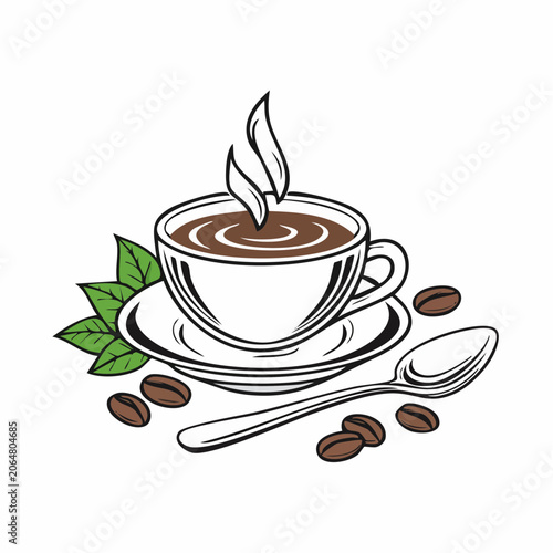 Steaming Cup of Coffee with Beans and Leaves
