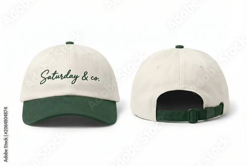 Plakat Two-tone baseball cap mockup with embroidered text, front and back view