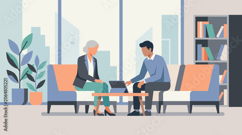Canvas Print Two businesspeople sitting in a bright office lounge having a conversation