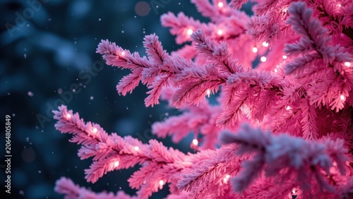 A tree with pink lights glowing on branches, set against a dark background with snowflakes falling.