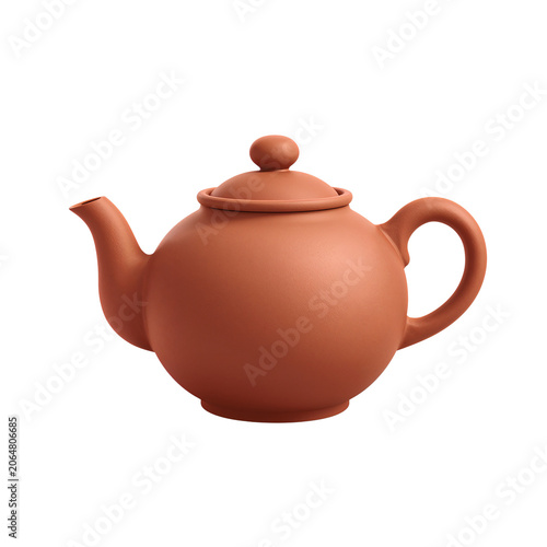 Simple brown ceramic teapot with handle and spout isolated on transparent background