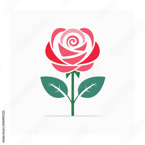 Pink rose icon with green leaves on white background