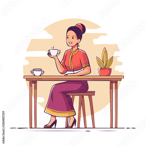 Woman holding cup at table in flat vector style