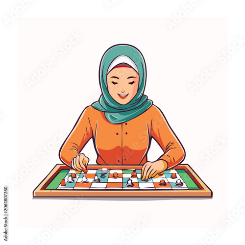 Woman in hijab playing checkers cartoon illustration