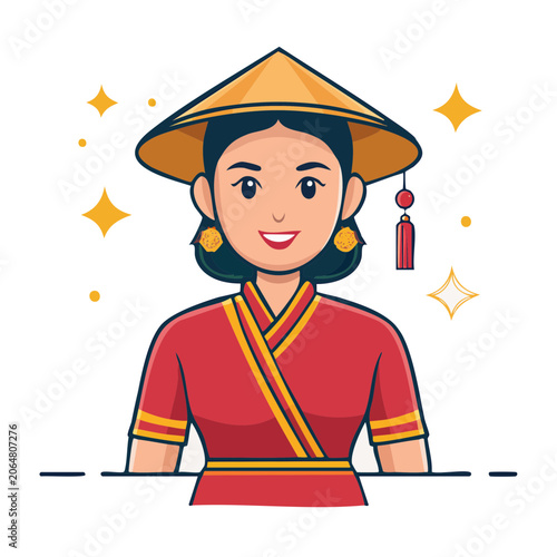 Woman in Traditional Asian Clothing with Conical Hat