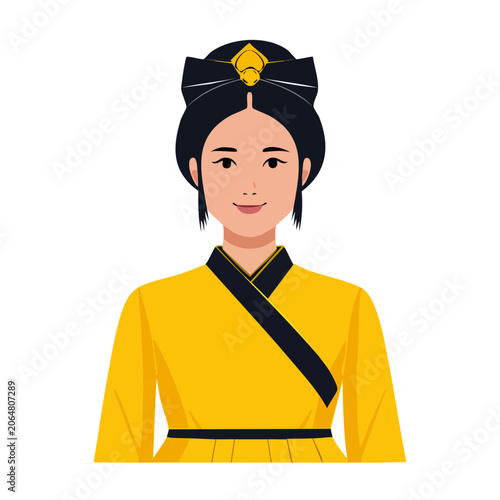 Woman in Traditional Yellow Robe with Hair Bun