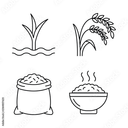 Minimalist rice production line icon set with agricultural paddy, canal gate, food bowl, and grains.