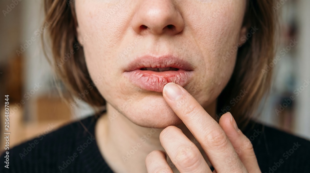 Fototapeta premium Close-up of Dry, Chapped Lips with Finger