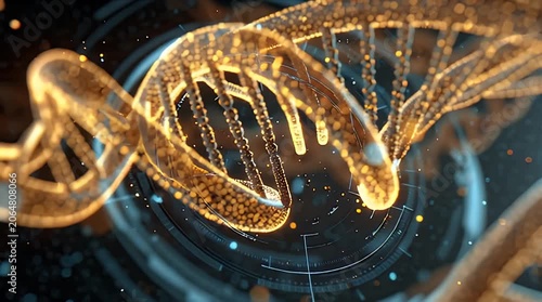Abstract glowing DNA double helix structure with futuristic digital interface.