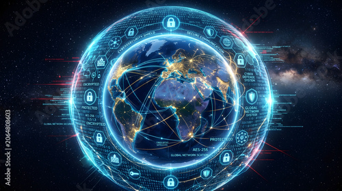 Futuristic Digital Shield Protecting Global Network Connections with Encryption Symbols