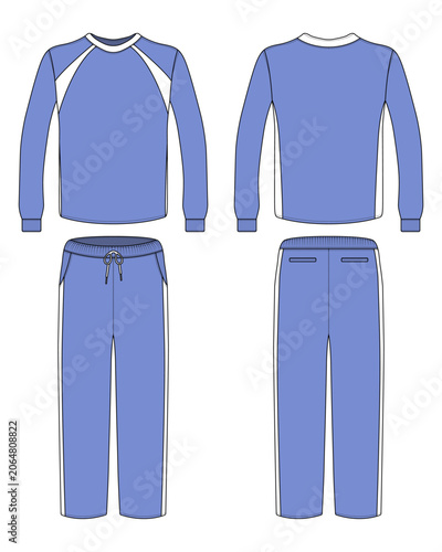 Flat sketch of technical fashion sportswear, blue long sleeve training shirt front and back view CAD Mockup