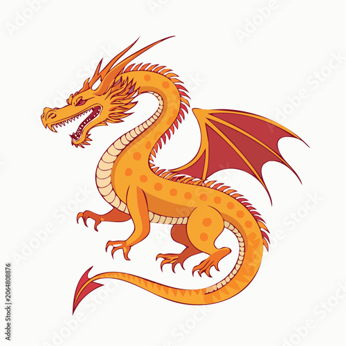 Illustration of a Fierce Orange Dragon with Red Wings