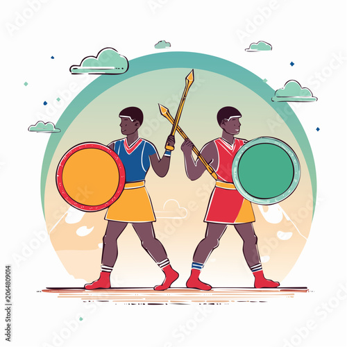 Two warriors with shields and spears