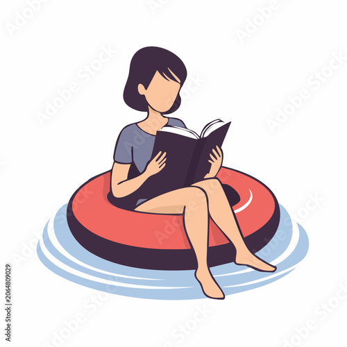 Woman reading a book while floating on an inflatable ring in water