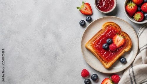 Sweet Start: A slice of golden toast generously spread with vibrant red jam and topped with fresh berries and raspberries offers a delightful breakfast.