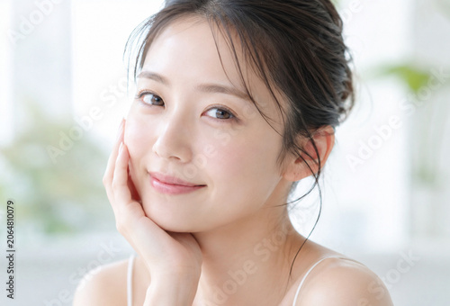 ナチュラルメイクと透明感のある素肌が印象的な女性、美容ブランド広告向けビューティービジュアル
