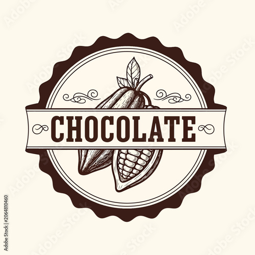 Vintage Chocolate Label Badge with Cocoa Pod Illustration.