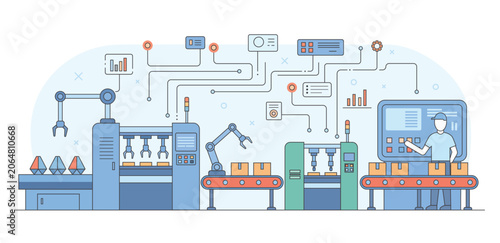 Smart factory automation with robotic arms, AI monitoring, digital dashboards, connected machines, and Industry 4.0 manufacturing workflow optimization.