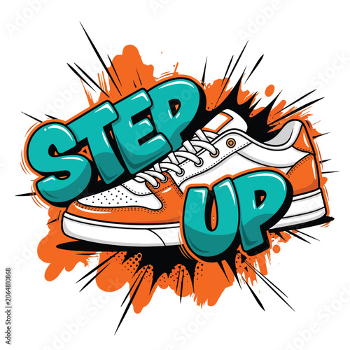 Comic style illustration of a stylish sneaker with bold Step Up lettering.
