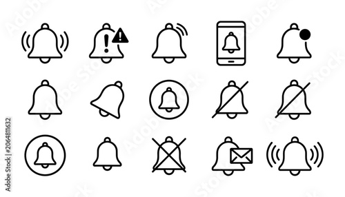 Fotografie Notification Bell Icons In Various States With Digital Alert Symbols On White Ba