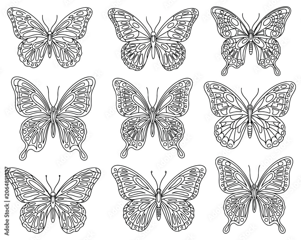 Fototapeta premium Butterfly coloring page templates 3x3 grid